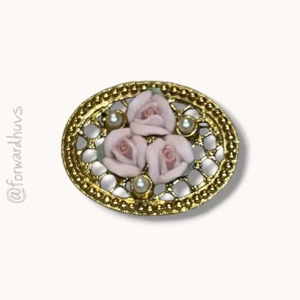 1928 Jewelry Pink Porcelain Rose Faux Pearl Filigree Brooch Gold Tone